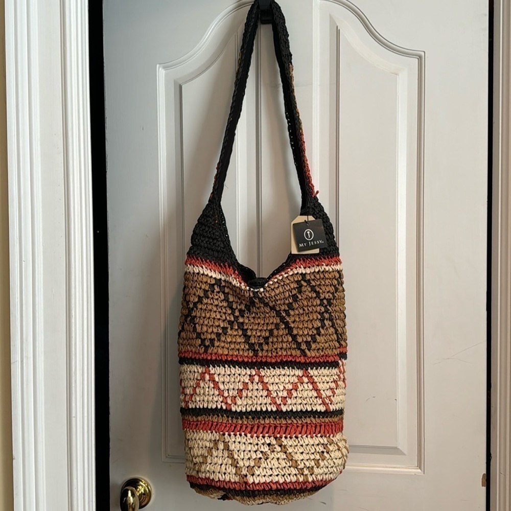 Handwoven Multicolor Crochet Shoulder Bag - Earth Tone Pattern